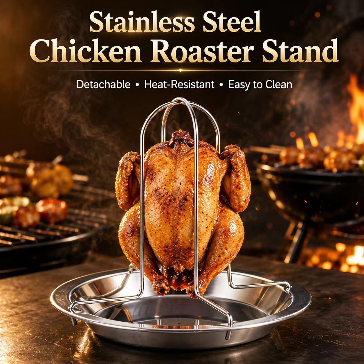 Camping Cooking Grill - Portable Whole Chicken BBQ Grill Stand,