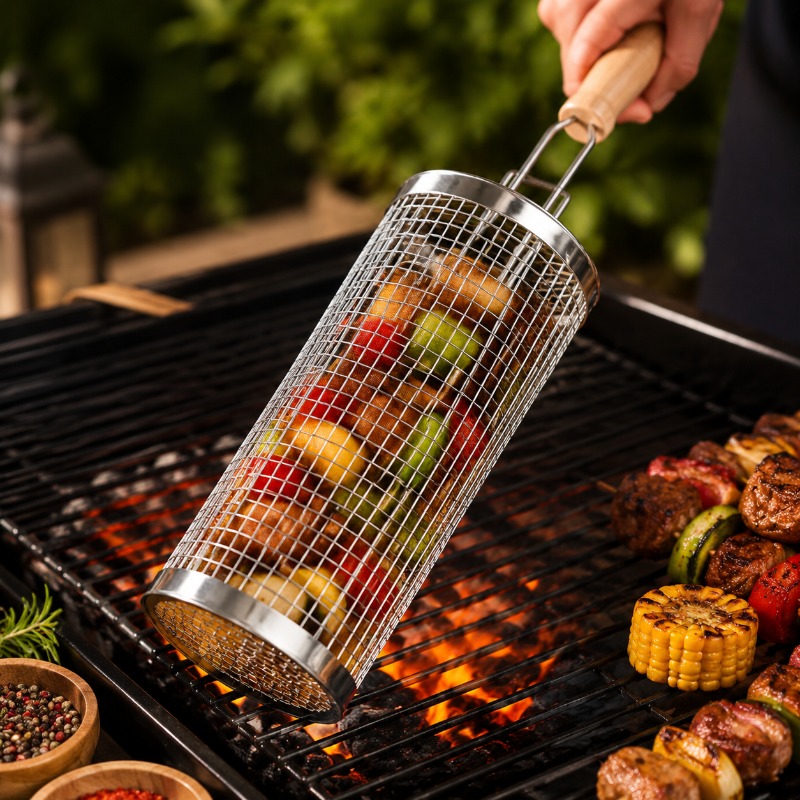 Camping Cooking Grill - Round Barbecue Grill Basket Set Stainless